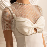 File Üstlü ve İnci Süslemeli Zarif Mini Elbise- Beyaz