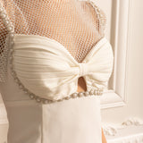 File Üstlü ve İnci Süslemeli Zarif Mini Elbise- Beyaz