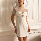 File Üstlü ve İnci Süslemeli Zarif Mini Elbise- Beyaz