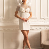 File Üstlü ve İnci Süslemeli Zarif Mini Elbise- Beyaz