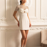 File Üstlü ve İnci Süslemeli Zarif Mini Elbise- Beyaz