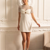 File Üstlü ve İnci Süslemeli Zarif Mini Elbise- Beyaz