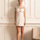 File Üstlü ve İnci Süslemeli Zarif Mini Elbise- Beyaz