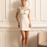 File Üstlü ve İnci Süslemeli Zarif Mini Elbise- Beyaz