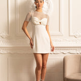 File Üstlü ve İnci Süslemeli Zarif Mini Elbise- Beyaz