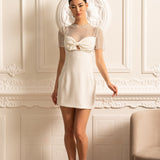 File Üstlü ve İnci Süslemeli Zarif Mini Elbise- Beyaz