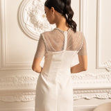 File Üstlü ve İnci Süslemeli Zarif Mini Elbise- Beyaz