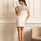 File Üstlü ve İnci Süslemeli Zarif Mini Elbise- Beyaz