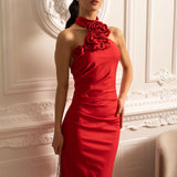 3 Boyutlu Güllü ve Yandan Yırtmaçlı Elbise - Kırmızı