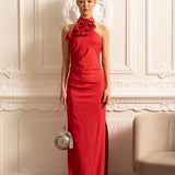 3 Boyutlu Güllü ve Yandan Yırtmaçlı Elbise - Kırmızı