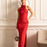 3 Boyutlu Güllü ve Yandan Yırtmaçlı Elbise - Kırmızı