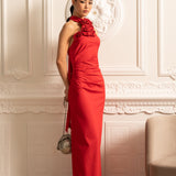 3 Boyutlu Güllü ve Yandan Yırtmaçlı Elbise - Kırmızı