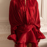 Drapeli Uzun Kollu, Mini Etekli ve Büzgülü Bel Detaylı Elbise – Kırmızı