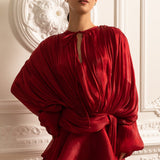 Drapeli Uzun Kollu, Mini Etekli ve Büzgülü Bel Detaylı Elbise – Kırmızı