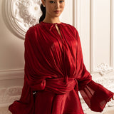 Drapeli Uzun Kollu, Mini Etekli ve Büzgülü Bel Detaylı Elbise – Kırmızı