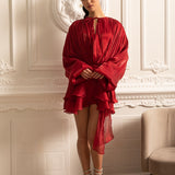 Drapeli Uzun Kollu, Mini Etekli ve Büzgülü Bel Detaylı Elbise – Kırmızı