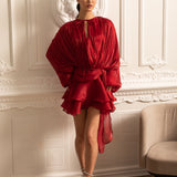 Drapeli Uzun Kollu, Mini Etekli ve Büzgülü Bel Detaylı Elbise – Kırmızı