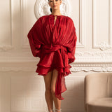 Drapeli Uzun Kollu, Mini Etekli ve Büzgülü Bel Detaylı Elbise – Kırmızı