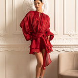 Drapeli Uzun Kollu, Mini Etekli ve Büzgülü Bel Detaylı Elbise – Kırmızı