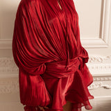 Drapeli Uzun Kollu, Mini Etekli ve Büzgülü Bel Detaylı Elbise – Kırmızı