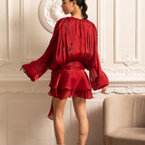 Drapeli Uzun Kollu, Mini Etekli ve Büzgülü Bel Detaylı Elbise – Kırmızı