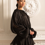 Drapeli Uzun Kollu, Mini Etekli ve Büzgülü Bel Detaylı Elbise – Siyah