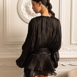 Drapeli Uzun Kollu, Mini Etekli ve Büzgülü Bel Detaylı Elbise – Siyah