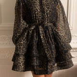 Etekli Leopar Desenli Uzun Kollu Elbise