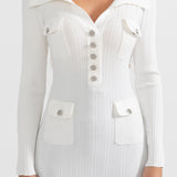 Beyaz Ribana Dokulu Uzun Kollu Elbise