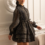 Etekli Leopar Desenli Uzun Kollu Elbise