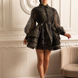 Etekli Leopar Desenli Uzun Kollu Elbise