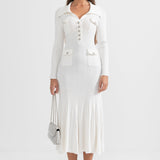 Beyaz Ribana Dokulu Uzun Kollu Elbise