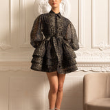 Etekli Leopar Desenli Uzun Kollu Elbise