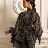 Etekli Leopar Desenli Uzun Kollu Elbise