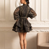 Etekli Leopar Desenli Uzun Kollu Elbise