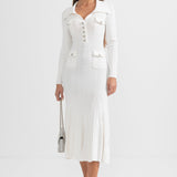 Beyaz Ribana Dokulu Uzun Kollu Elbise