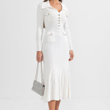 Beyaz Ribana Dokulu Uzun Kollu Elbise