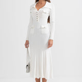 Beyaz Ribana Dokulu Uzun Kollu Elbise