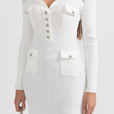 Beyaz Ribana Dokulu Uzun Kollu Elbise