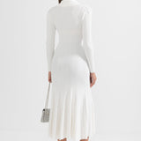 Beyaz Ribana Dokulu Uzun Kollu Elbise