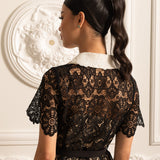 Kısa Kollu ve Kontrast Yakalı Çiçek Desenli Dantel Elbise