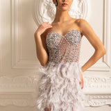 Lüks Tüy Süslemeli Payetli Straplez Elbise