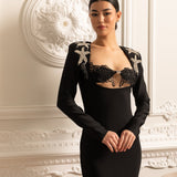 Açık Yaka ve Gümüş Deniz Yıldızı Detaylı Uzun Kollu Mini Elbise – Siyah