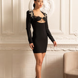 Açık Yakalı ve Gümüş Denizyıldızı Desenli Uzun Kollu Mini Elbise