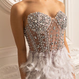 Lüks Tüy Süslemeli Payetli Straplez Elbise