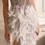 Lüks Tüy Süslemeli Payetli Straplez Elbise