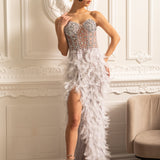 Lüks Tüy Süslemeli Payetli Straplez Elbise