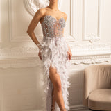 Lüks Tüy Süslemeli Payetli Straplez Elbise