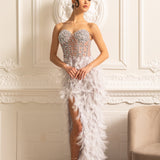 Lüks Tüy Süslemeli Payetli Straplez Elbise