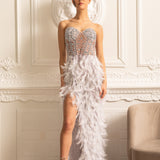 Lüks Tüy Süslemeli Payetli Straplez Elbise